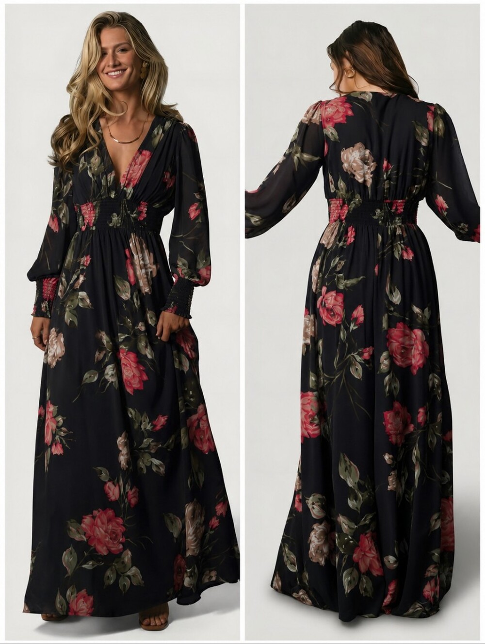 Baltic Born Floral Black Pink Green Long Sleeve Maxi Dress, XS